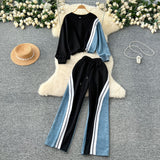 Fashion Denim Set Female Retro Casual Color Long-Sleeved Sweater Denim Spliced Broad Leg Pants Two Sets