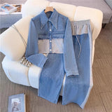Cowboy Splicing Fashion Casual Set Spring And Autumn New Long Sleeve Top + Broad Legs Long Pants Two Sets
