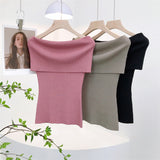 French Retro Sexy Shoulder Repair Slimming Paper Pieces Knitted Vest T-Shirt Blouse Short Short Sleeve