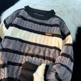 Striped Design Round Collar Hooded Long-Sleeved Sweater Women's Autumn And Winter Wear Loose Sweet Knitted Bottom Top