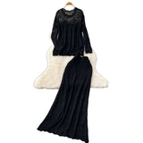 Gentle Wind High-End Sleek Crochet Knitting Set Of Women's Round Collar Long Sleeve Blouse High-Waisted Hip Skirt