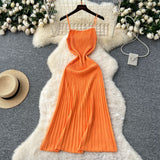 Summer Dress Women 2025 New Gentle Wind Temperament Slings Waists Thin Vertical Knitted Dress Inside The Long Skirt