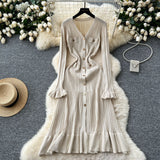 Small Scented Dress Women's Autumn And Winter Set High-End Feeling V-Neck Metal Buckle Slimming Lotus Leaf Side Knitting Skirt