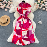 Light Luxury Retro V-Neck Print Dress Women's Summer French Tamped Loose Thin Long Shirt Skirt