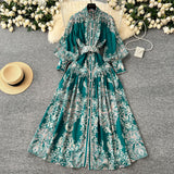 Holiday Style Dress Women's Spring Court Collar Lantern Sleeves To Close The Waist Single Buckle Printing Folded Long Skirt