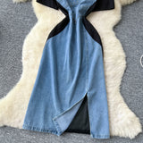 Korean Version Of Fashion Elegant Irregular Short Sleeve Splicing Diamond-Singed Waist Denim Dress Women's Summer Open Fork Long Dress