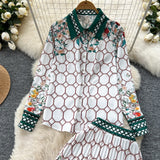 Fashion Suit Female Retro Color Print Bran Long-Sleeved Shirt + High-Waist A Word Half-Dress Skirt