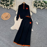Extremely Simple Wind Bumpy Striped Knitted Sister Set With Long-Sleeved Sweater + High Waist Long Body Skirt Winter