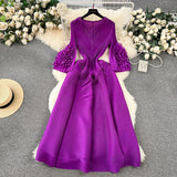 European Court Dress Female Design Tuxedo V Collar Long Three House Press Folding Horn Sleeve Dress Woman