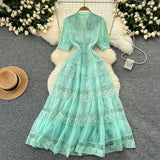 French Retro Court Dress Women's Waist Thin Temperament Bubble Sleeve Lace Splicing Big Swing Dress Dress