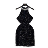 Light Luxury Thousand Gold Wind High-End Hanging Neck Dress Women's Summer Glide Diamond Design Niche Temperament Ass And Hip Skirts