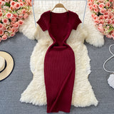 Tight-Up Thin Collar Knitted Dress Short Sleeve 2025 Summer New Temperament Sexy Hot Ass Long Skirt