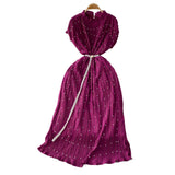 Famous Temperament Heavy Industry Pearl Wood Ear Round Collar Dress Women's Summer New Waist Thin 100 Folded Long Skirt