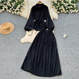 Extremely Simple Style Solid Temperament Suit Women's Spring Bubble Sleeve Strap Shirt + Tight Waist Slim Half Body Long Skirt