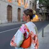 2025 Summer Women's Retro Loose-Fitting Round-Neck Long-Sleeved Flower Print Drawstring Cotton Coat