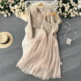 Autumn And Winter Small Fragrant Style Set Of Women's Short Cardigan Coat + Sling Net Yarn Dress Two Sets