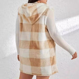 Autumn And Winter Fashion Burst Temperament Cardigan Two-Color Lattice Hooded Lady Plush Vest Coat Woman