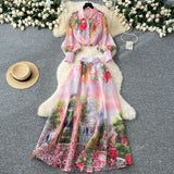 Cpro Actress High-End Printing Set Female Lantern Sleeve Buckle Shirt + High Waist Swing Half Body Skirt