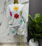 Fashion Set European Dress Design Butterfly Set Drill Short Sleeve T-Shirt Blouse Woman + Tight Waist Broad Leg Shorts Two Sets