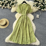 Summer Dress French Retro Heavy Industry Hollow Embroidery Round Neck-Waist Short-Sleeved Dress Female Thin Single Row Buckle Long Skirt