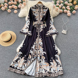 Spring And Autumn Retro Collar Horn Sleeve Print Dress Women In Court Style Over The Long Skirt
