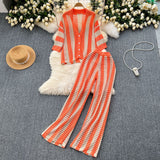 Women's Summer V-Neck Loose Knitted Cardigan Top + Broad Leg Trousers Set With Striped Hollow Set