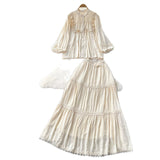 French Temperament Set Female Court Vintage Lace Spliced Lantern Sleeve Single-Button Shirt High-Waisted Skirt