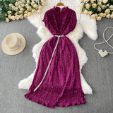 Famous Temperament Heavy Industry Pearl Wood Ear Round Collar Dress Women's Summer New Waist Thin 100 Folded Long Skirt