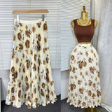 New Tight Waist High Waist Crums Sweet A-Shaped Skirt Women's Long Print 100-Fold Skirt