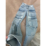 Vintage Multi-Pocket Workwear Jeans Women's Large Street Vibe High-Waist Broad Legs Casual Straight Pants