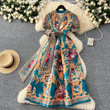 Wearing A Women's Court Style V Tie With A Belt Net Yarn Bubble Sleeve Print Large Swing Long Joint Dress