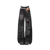Black Multi-Pocket-Hole-Wear Jeans Women's Summer 2025 New High-Waist Design Wide-Legged Pants