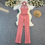 Summer Denim Panties Femininity Hanging Neck Sleeveless Backs High Waist Slimmed Denim Jumpsuit