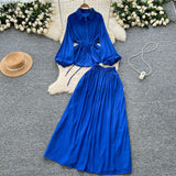 Extremely Simple Style Solid Temperament Suit Women's Spring Bubble Sleeve Strap Shirt + Tight Waist Slim Half Body Long Skirt