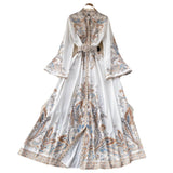Spring And Autumn Retro Collar Horn Sleeve Print Dress Women In Court Style Over The Long Skirt