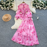 Temperament Two Sets Of Female High-Grade Style Straps To The Waist Lantern Sleeve Print Chiffon Top + High Waist Skirt