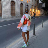 2025 Summer Women's Retro Loose-Fitting Round-Neck Long-Sleeved Flower Print Drawstring Cotton Coat