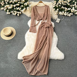 Seaside Holiday Style Suit Women's Niche Net Red Explosive Strapped With Waist Long-Sleeved Knitted Shirt Hollow Skirt Set