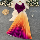 Three-House Folded Suit Women's Summer Design Feeling Shiny Short-Sleeved Top High Waist Gradient Color Bajamas Skirt