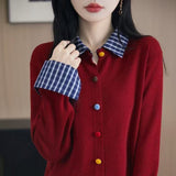 Autumn And Winter Knitted Open Shirt Two Lattice Collar Shirt Early Spring New Color Fashion Splicing Coat Sweater