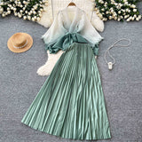 Folded Suit Female Strap To Waist Gradient Color Pressure Folding Shirt High Waist 100 Folded Skirt Two Sets