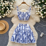 Spice Girls Hollow Embroidery Suit Female Sling With Short Waist Vest + High-Waist A-Word Skirt Sexy Two