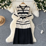 Korean Version Of Fashion V-Neck Short-Sleeved Striped Knitted Dress Women Thin Senior Sense 100-Folded Dress Women Summer
