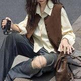 Lint Jacket 2025 Autumn New Folded Sleeveless Coat Coffee Color Loose Fashion Vest Woman