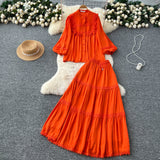 French Temperament Set Female Court Vintage Lace Spliced Lantern Sleeve Single-Button Shirt High-Waisted Skirt