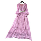 French High-End Temperament Fashion V-Neck Lantern Sleeve Strap To Close Waistguel Dress Female Elegant Long Dress