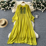 Heavy Industry Embroidery Loose Holiday Dress Women Large Size Show Lean Meat Sweet Tie With Round Lantern Sleeve Dress