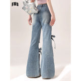 Fat Mm Large Street Hottie Bow Trumpet Micro-Tight Jeans Girl Retro Hollow Horn Long Pants