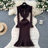 French Retro Doll Collar Horn Sleeve Dress Women Autumn Waist Thin Temperament Knitted Dress