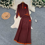 Extremely Simple Wind Bumpy Striped Knitted Sister Set With Long-Sleeved Sweater + High Waist Long Body Skirt Winter
